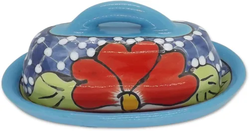 Miniatura 6 de Mantequera de Cerámica Talavera con Tapa Pintada a Mano, Auténtica Cerámica Mexicana de Cocina, Diseño Floral (Agua)