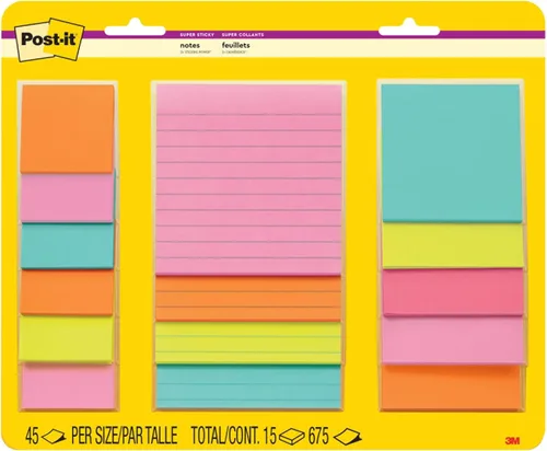Post-it Notas súper adhesivas, 15 blocs de notas adhesivas, varios tamaños, suministros de regreso a la escuela, productos de oficina, 2 veces más