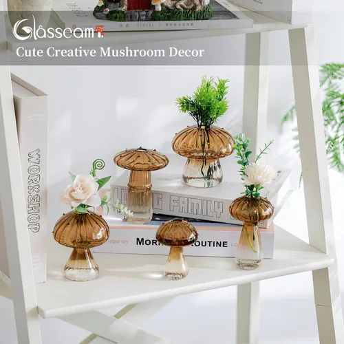 Miniatura 4 de Glasseam Jarrón de Seta de Cristal Ámbar: Lindo Juego de Jarrones Pequeños para Flores de 5 Jarrones Únicos Mini para Capullos para Centros de Mesa