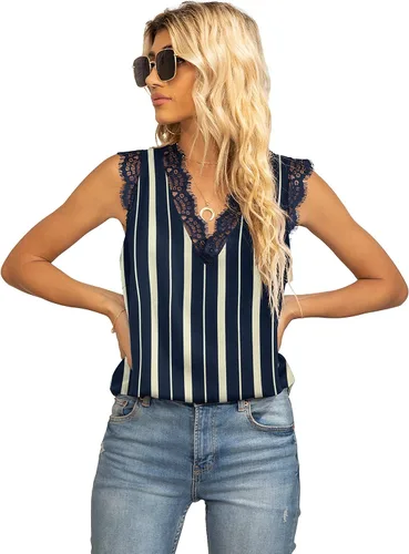 Miniatura 83 de VIISHOW - Camiseta sin mangas, sexy, con cuello en V y bordes de encaje para mujer, camisola de vestir, camisas de gasa, sin mangas, casuales