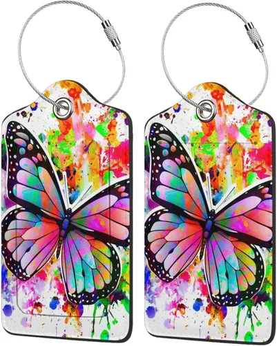 Juego de 2 etiquetas de equipaje para maletas, etiquetas coloridas de cuero de mariposa para maletas de crucero con bucle, cubierta de privacidad,