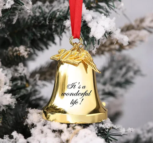 Miniatura 4 de JUPPE It's A Wonderful Life Adorno de campana de Navidad, adorno de campana dorada grabada con ala de ángel y dije 2025 (dorado)