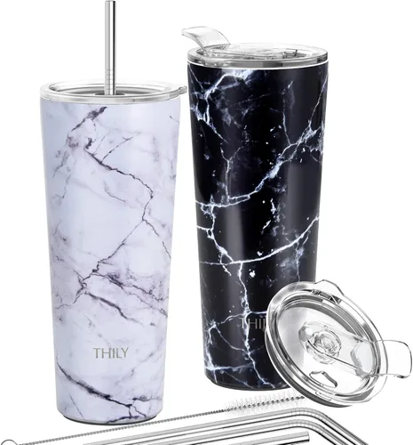 Miniatura 13 de THILY - Taza de viaje con aislamiento al vacío de acero inoxidable de 26 onzas, taza de café con 2 tapas y pajitas, a prueba de salpicaduras