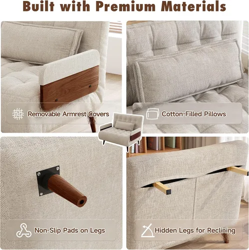 Miniatura 7 de JASIWAY Silla convertible para adultos, silla futón convertible 3 en 1 de lino con almohada, sofá cama individual plegable, cama de invitados