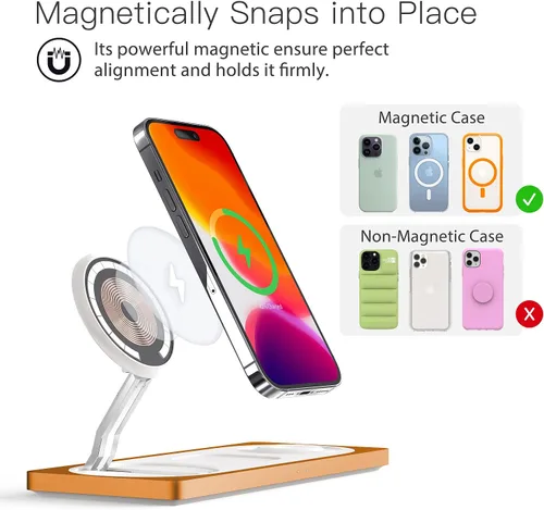 Miniatura 2 de Estación de carga 3 en 1 para dispositivos Apple: Usada para estación de carga de iPhone y Watch con soporte de cargador Magsafe, cargador Naranja