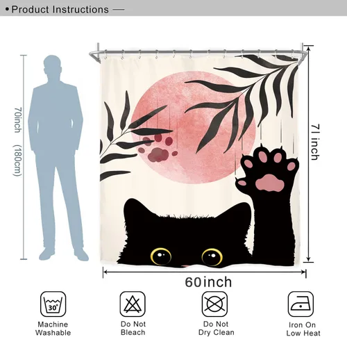 Miniatura 2 de Miyotaa Juego de cortina de ducha abstracta divertida con diseño de gato, 60 pulgadas de ancho x 71 pulgadas de alto, color negro, rosa, lindo