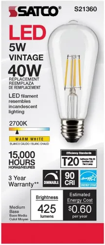 Miniatura 2 de Satco S21360 - Bombillas LED de filamento ST19 de 5 W, transparentes, 2700 K blanco cálido, 425 lúmenes, regulable, base media E26, regulable