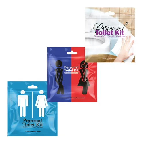 3 x Kit de inodoro personal | Kit de baño público | Papel higiénico, funda de asiento de inodoro, toallitas de limpieza (figuras azul claro/figuras