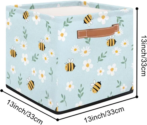 Miniatura 2 de Cesta de almacenamiento plegable de tela con diseño de margaritas de abejas de dibujos animados, 13 x 13 x 13 pulgadas, cubos cuadrados con asas