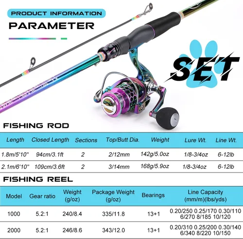 Miniatura 6 de Sougayilang Combo de caña de pescar giratoria, dos piezas de caña de pescar colorida Poratble de peso ligero con potente equipo de pesca para agua