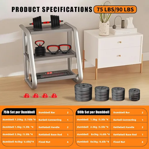 Miniatura 2 de Adjustable Dumbbell Set 25/45/75/90LB, Changeable Dumbbell Set with Connecting Rod 4 in1 Dumbbells Set Used as Barbell, Kettlebells, Push up Bar