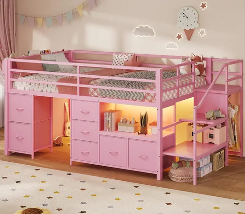 Miniatura 11 de ADORNEVE Cama baja tipo loft tamaño individual con 7 cajones de almacenamiento, estantería y luces LED, cama alta de metal para niños con barandilla