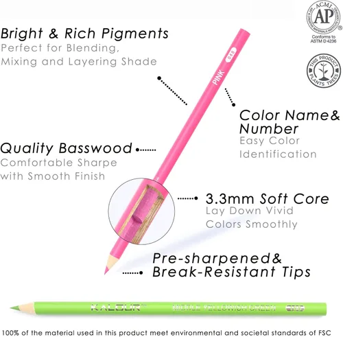 Miniatura 2 de KALOUR Juego de 180 lápices de colores para adultos y artistas - Núcleo blando de pigmento rico - 12 lápices metálicos - Ideal para colorear