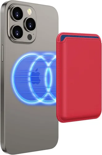 Miniatura 9 de Cartera MagSafe mejorada, cartera magnética para teléfono con soporte para 3 tarjetas, 23 imanes, bloqueo RFID para tarjetas de crédito, cuero Rojo