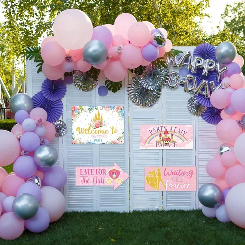 Miniatura 7 de Epakh 20 piezas de decoraciones de fiesta de princesa, letreros de bienvenida para fiesta de princesa, letreros direccionales de color rosa femenino