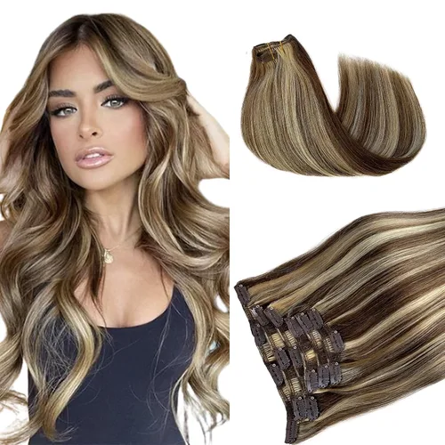 Miniatura 11 de Extensiones de cabello rubio ceniza con reflejos, extensiones de cabello humano real con clip, de 12 pulgadas, 2.47 onzas, doble trama, invisible