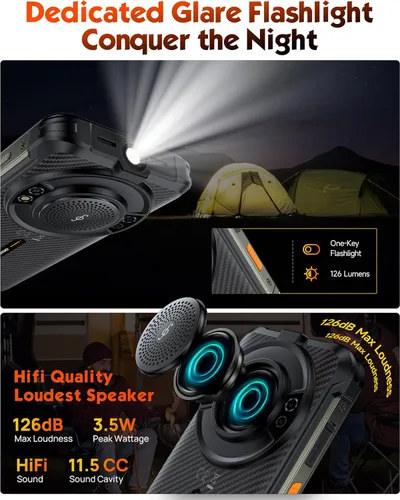 Miniatura 6 de Ulefone RugKing (16 GB+128 GB) Android 15 4G Smartphone, 9600 mAh, altavoz de 126 dB, cámara de 50MP+2MP+8MP teléfono resistente de 5.99 pulgadas