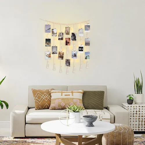 Miniatura 2 de Mkono Decoración de pared colgante de macramé con cadena de luces, habitación bohemia para dormitorio, cuentas de madera, guirnalda para tarjetas