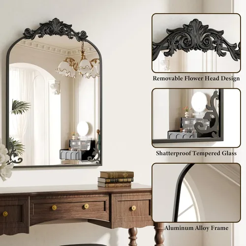 Miniatura 3 de Koonmi Espejo vintage, espejo de baño antiguo Barolon de 24 x 36 pulgadas para pared, cabeza de flor, vidrio templado inastillable, espejos