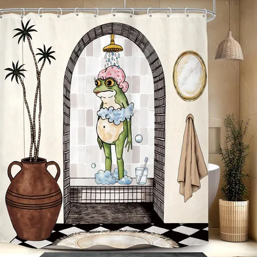 Miniatura 13 de Cortina de Ducha Divertida de Rana Juego de Baño 48 Pulgadas de Ancho x 71 Pulgadas de Alto Lindo Animal Retro Tomando Ducha Patito de Goma