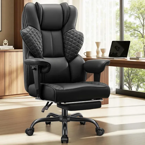 FelixKing Silla de oficina grande y alta de 500 libras, silla de escritorio ergonómica con reposapiés, silla de computadora de piel sintética Negro