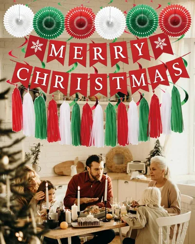 Miniatura 6 de Juego de decoraciones para fiesta de Navidad – Letrero de Feliz Navidad, guirnalda de borlas rojas, verdes y blancas, abanicos de papel y adornos