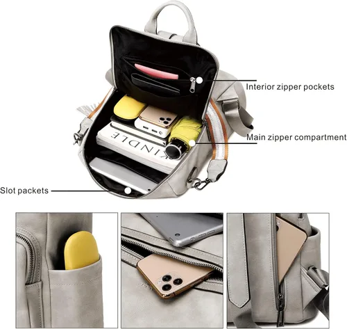 Miniatura 5 de OPAGE - Mochila de cuero para mujer, con borla de moda, bolso de hombro, mochila grande, bolsa de viaje, gris, L