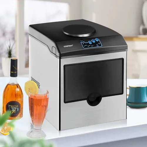 Miniatura 8 de COSTWAY Dispensador de agua integrado para máquina de hielo 2 en 1, 48 libras por día, cubo de hielo de tamaño S/M/L, cesta de almacenamiento