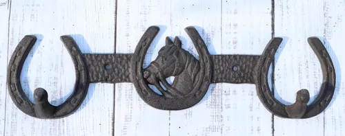 Miniatura 6 de Ebros Gift Cabeza de caballo rústica occidental con 3 herraduras con dije de la suerte, abrigo, llavero, correa, 2 clavijas, gancho de doble pared