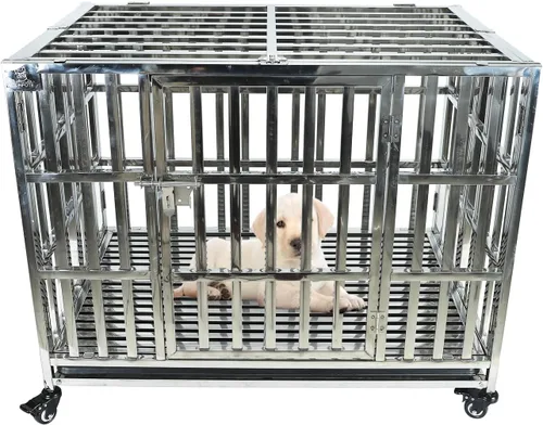 Miniatura 14 de Jaula indestructible para perros, 47 pulgadas, jaula para perros de alta ansiedad con bandejas extraíbles, ruedas y puerta doble, para perros