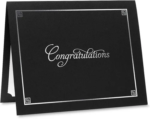 Miniatura 3 de Carpetas para certificados de felicitaciones en negro y plateado, paquete de 25, cubierta de lino de 80 libras, plegadas, esquinas troqueladas