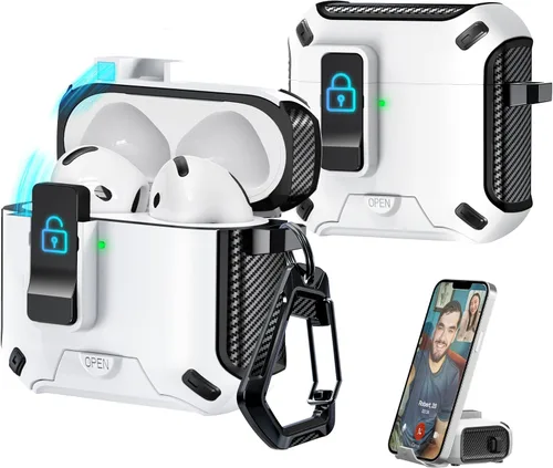 Miniatura 105 de R-fun - Funda para audífonos compatible con AirPods de 4.ª generación 2024, cubierta protectora de expulsión automática a prueba de caídas, puerto