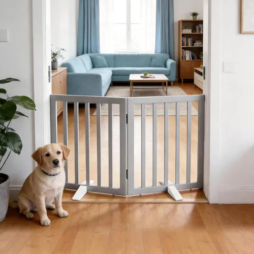 Miniatura 11 de Puerta para perros para interiores, valla independiente para perros, para la casa, puertas, pasillos o escaleras, puerta para mascotas plegable