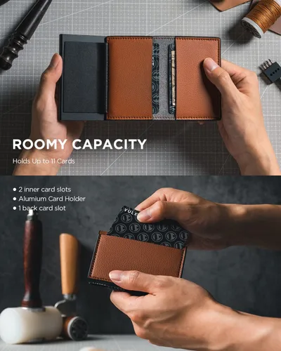 Miniatura 3 de VULKIT Cartera minimalista de cuero de grano con protección RFID con capacidad para hasta 10 tarjetas, Litchi Brown, Minimalista