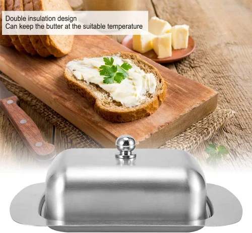 Miniatura 4 de Alvinlite Mantequillera de acero inoxidable, bandeja de mantequilla de doble cubierta, contenedor de pan de queso con tapa, accesorios para encimera