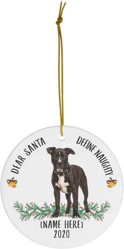 Miniatura 2 de Divertido nombre personalizado American Staffordshire Terrier Blanco Negro Dear Santa Define Naughty Gifts 2023 Adornos de árbol de Navidad círculo