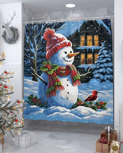 Miniatura 4 de Cortina de ducha con diseño de cardenales de muñeco de nieve para baño, casa de nieve de Navidad, pájaros rojos, lindo muñeco de nieve, sombrero