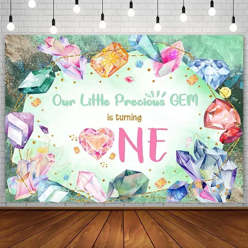 AIBIIN Fondo de fotografía con texto en inglés «She is a Gem is a Gem», «She is a Gem», «Happy 1st Birthday» para niñas y niños, piedras preciosas