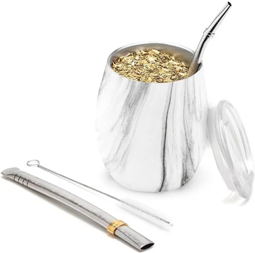 Miniatura 10 de BALIBETOV Juego de calabaza de yerba mate de acero inoxidable premium, 5 piezas, incluye calabaza de 12 onzas con tapa, 2 bombillas, cepillo