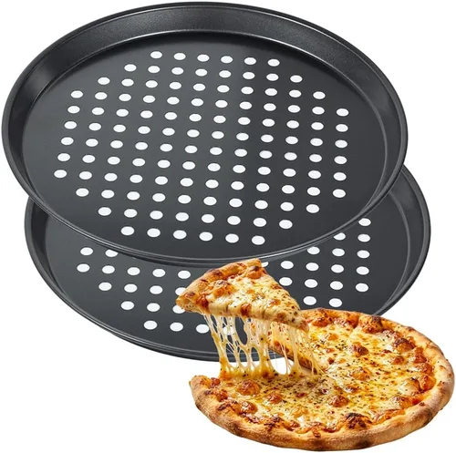 Miniatura 8 de Sartén redonda de pizza de 10 pulgadas con agujeros, sartenes de acero al carbono para pizza congelada y casera, bandeja de pizza antiadherente