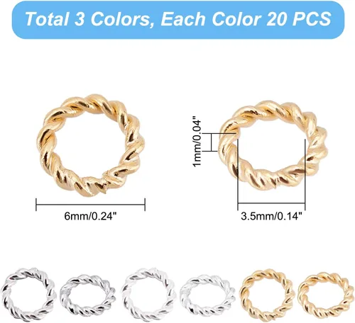 Miniatura 2 de PH PandaHall 60 anillos de salto de oro de 24 quilates, 3 colores de 0.236 pulgadas de latón, anillos de salto trenzados de calibre 18, anillos