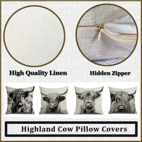 Miniatura 5 de Juego de 4 fundas de almohada con estampado de vacas de las Tierras Altas, suaves fundas de almohadón decorativas de lino rústico, fundas