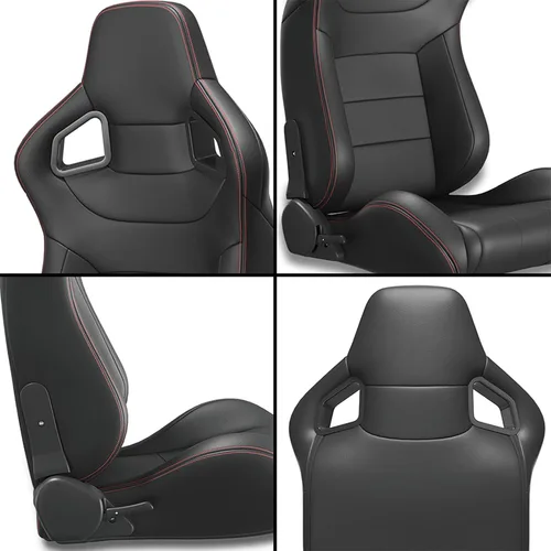 Miniatura 8 de 2 piezas de asientos universales de carreras con deslizadores de doble bloqueo, 1 par de asientos de cubo de cuero PVC con dos almohadas de Negro