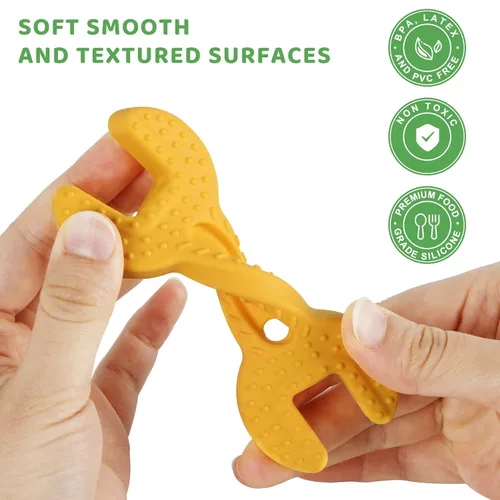 Miniatura 3 de Fu Store Paquete de 4 juguetes de dentición de silicona suave para niños de 0 a 12 meses, 6 a 24 meses, martillo para bebés, llave inglesa