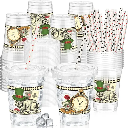 Miniatura 25 de FoldTier 50 piezas de tazas para noche de cine 12 oz Tazas de plástico desechables con pajitas y tapas, tazas transparentes para cine, tazas