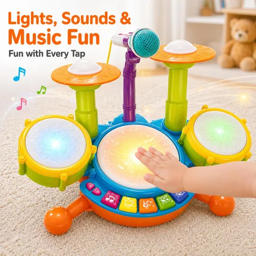 Miniatura 5 de Juego de batería para niños pequeños de 1 a 3 años, batería para bebés de 1 año con micrófono con luz, juguetes de batería para niños pequeños de 1
