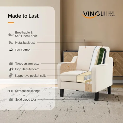 Miniatura 8 de VINGLI Juego de 2 Sillas de Acento Modernas, Sillas Beige para Sala de Estar, Sillón Cómodo para Dormitorio, Silla de Sofá Tapizada, Silla