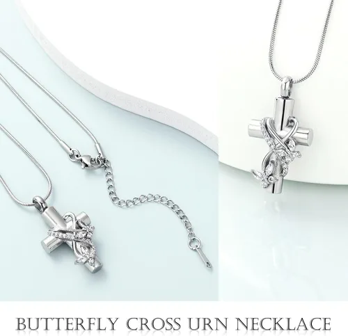 Miniatura 3 de Imrsanl Collar de urna de cruz de mariposa para cenizas, hombres y mujeres, joyería de cremación, colgante de cenizas para cenizas conmemorativas