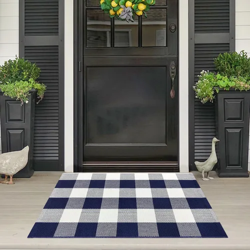 Miniatura 19 de Alfombra de Exterior de Cuadros Buffalo 2x3 pies, Alfombra Tejida de Algodón Negro y Blanco Roto, Tapetes para Puerta de Porche Frontal, Alfombra