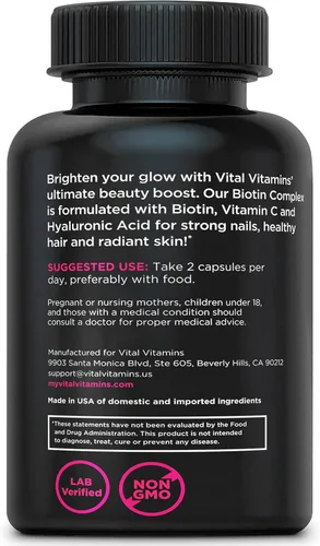 Miniatura 8 de Vital Vitamins Píldoras de complejo de biotina - con ácido hialurónico, MSM, colágeno y vitamina C - Suplemento para cabello, piel y uñas - 60